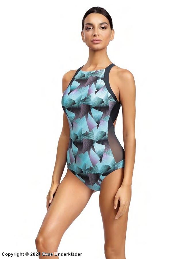 One-piece swimsuit, crossing straps, mesh inlay, geometric pattern